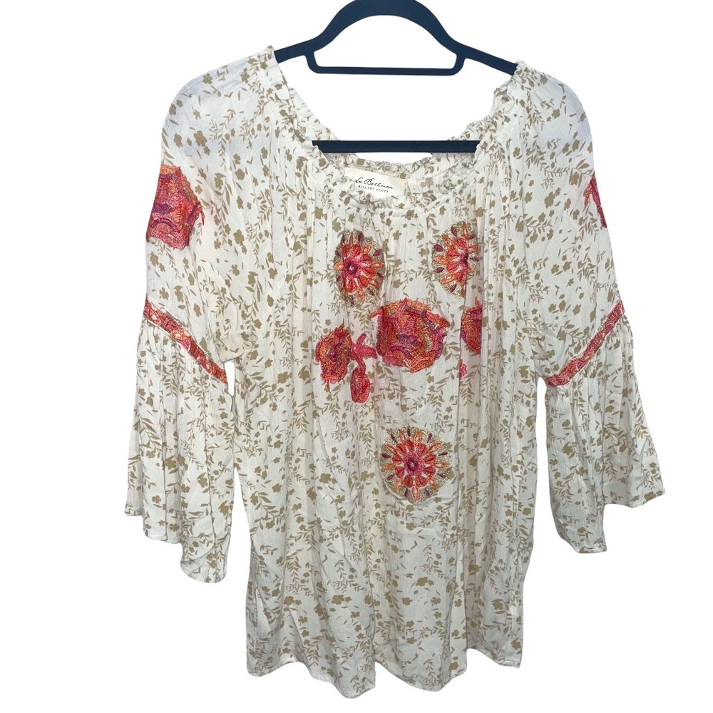 La Bellum by Hillary Scott Cream/Pink Embroidered Flowers Bell Sleeve Bo…